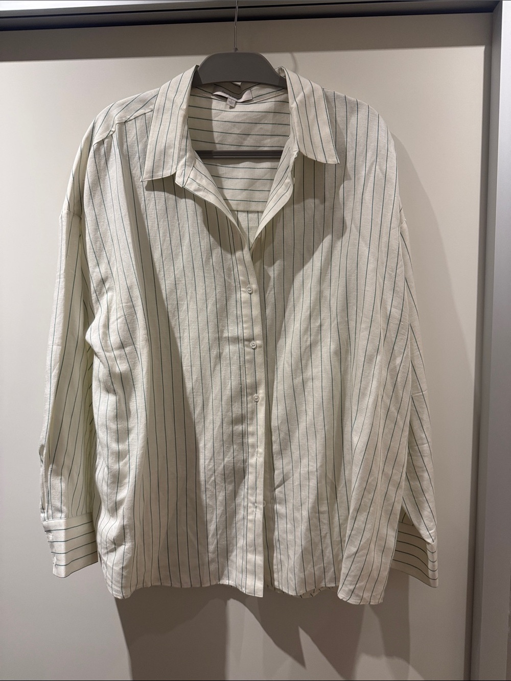 Favorite Daughter Linen White + Green Pinstripe Button-Up Shirt - Never Worn